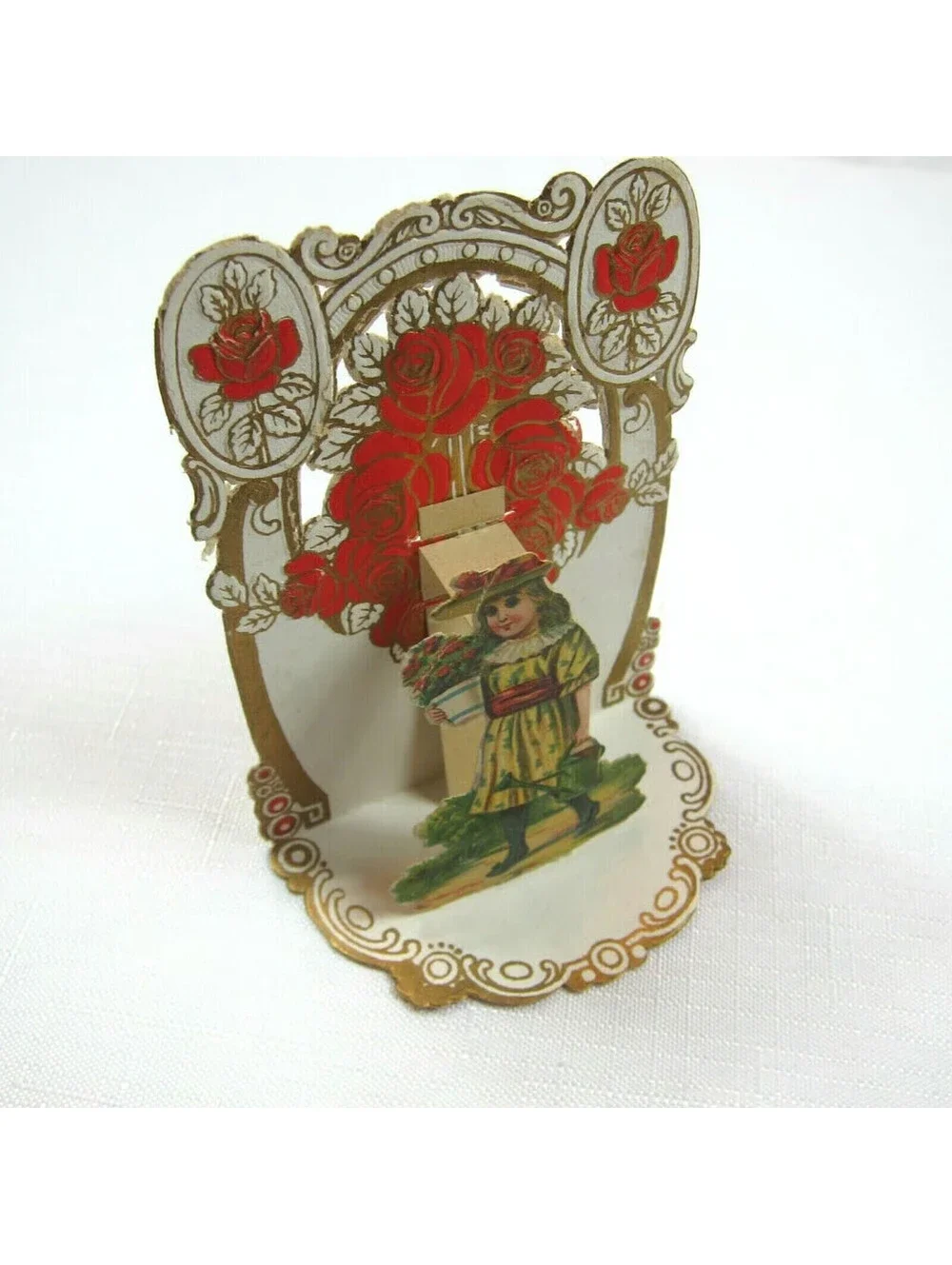 Vintage Valentine Pop Up 3D Pull Down Die Cut Girl Red Rose Watering Can Germany